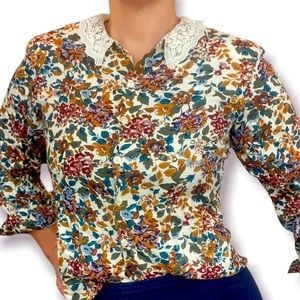 VINTAGE Floral Crochet Collar Wool Blend Grannycore Prairie Button Down Size 6P